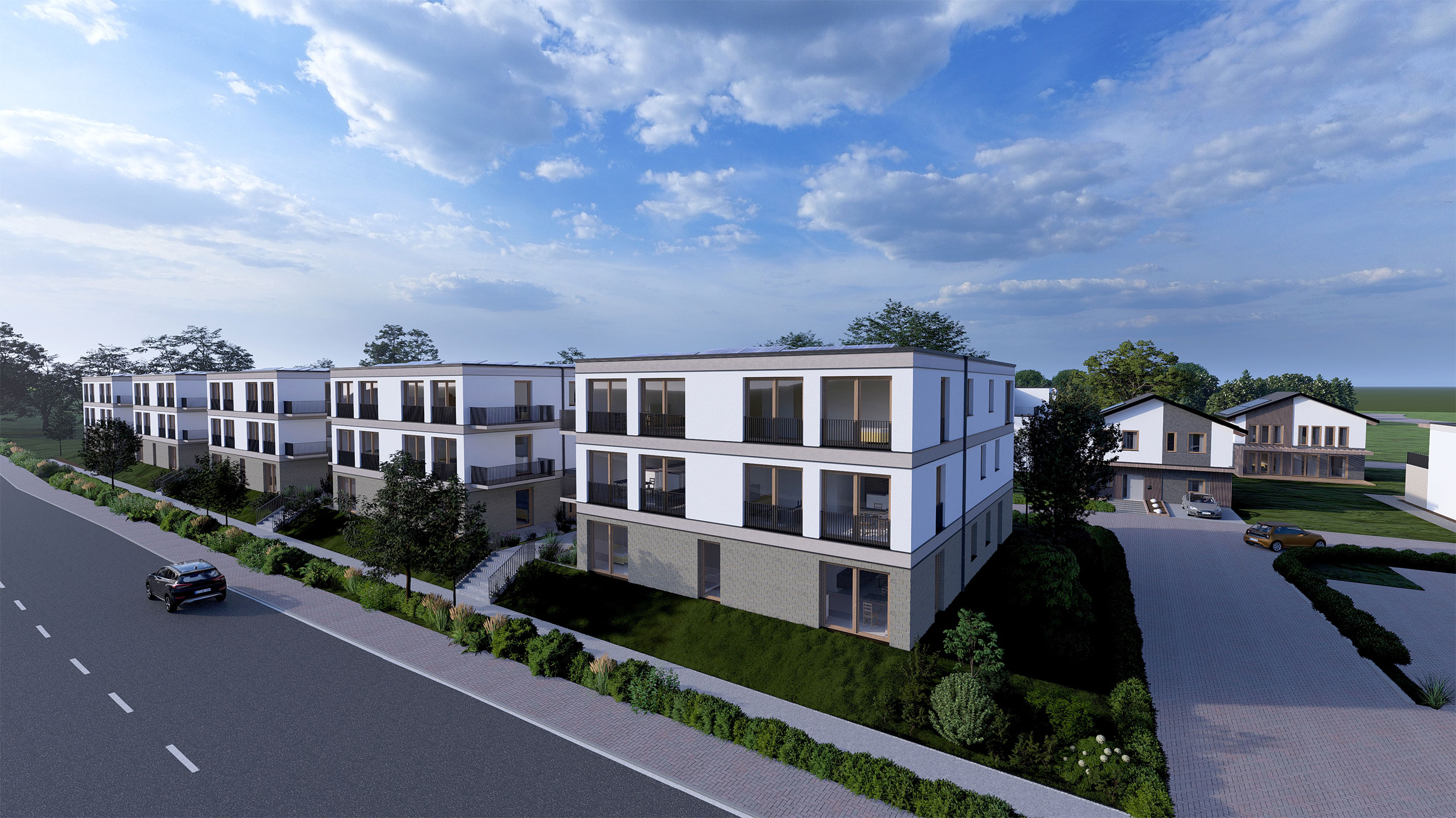 Kontaktdetails für das Quartier Am Kliff, modernes Wohngebäude mit Kontaktformular und Telefonnummer bei Abenddämmerung
