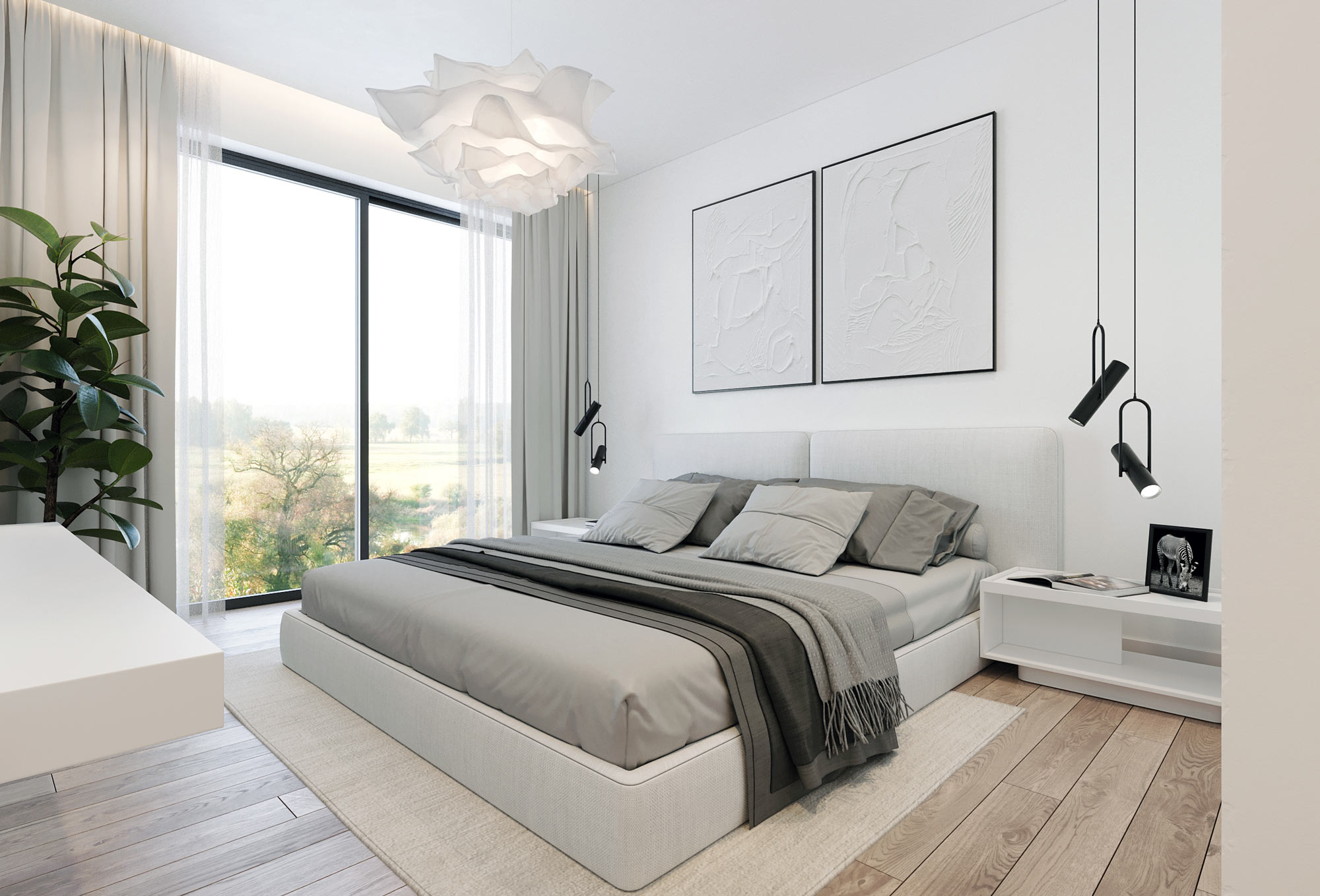 Stilvolles Schlafzimmer im Quartier Am Kliff mit großem Bett, modernen Hängelampen, großen Fenstern und Blick auf die grüne Umgebung