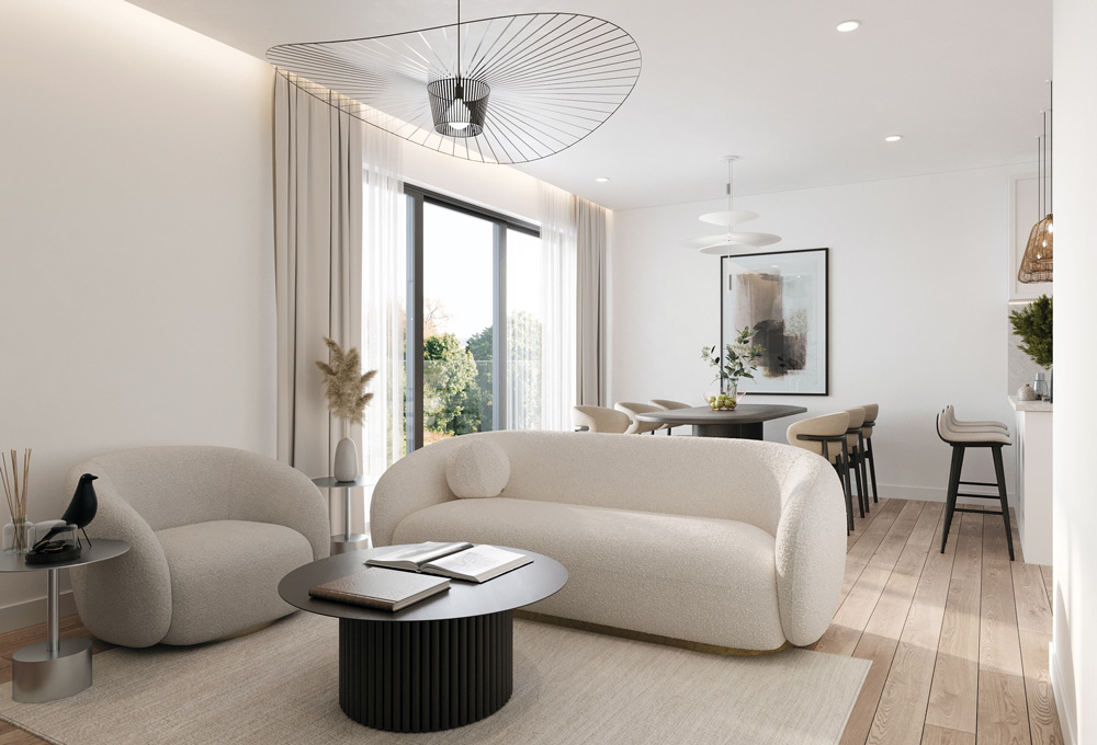 Stilvoll eingerichtetes Wohnzimmer im Quartier Am Kliff, mit modernen Möbeln und großem Fenster für natürlichen Lichteinfall